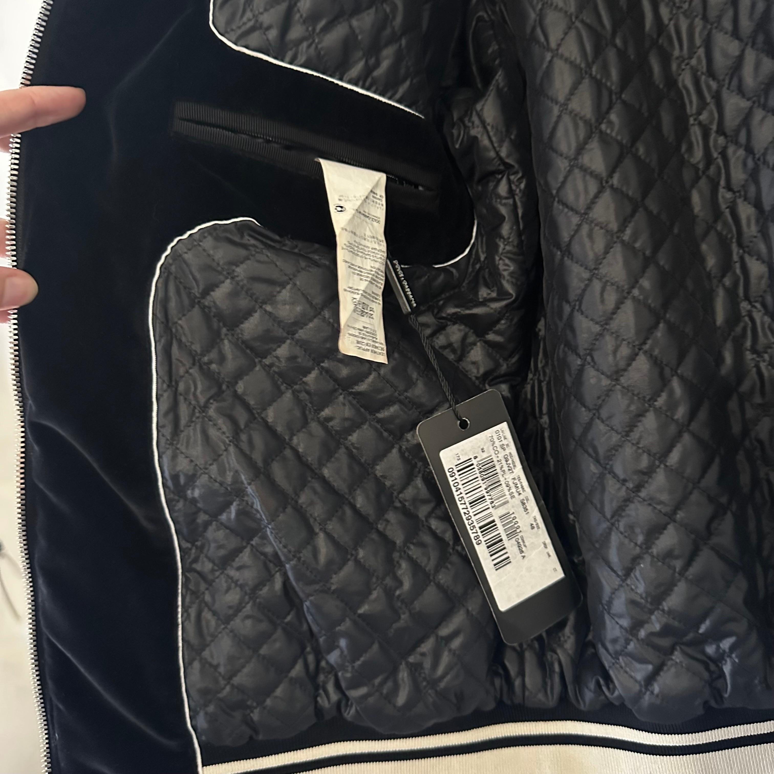 Dolce & Gabbana Woven Jacquard Hooded Bomber Jacket It 48 M Black Velvet Sleeves View 6
