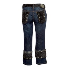 DOLCE & GABBANA Y2K FW 2005 Exotic Skin Fur Trim Denim Jeans Pants & Belt Set 44