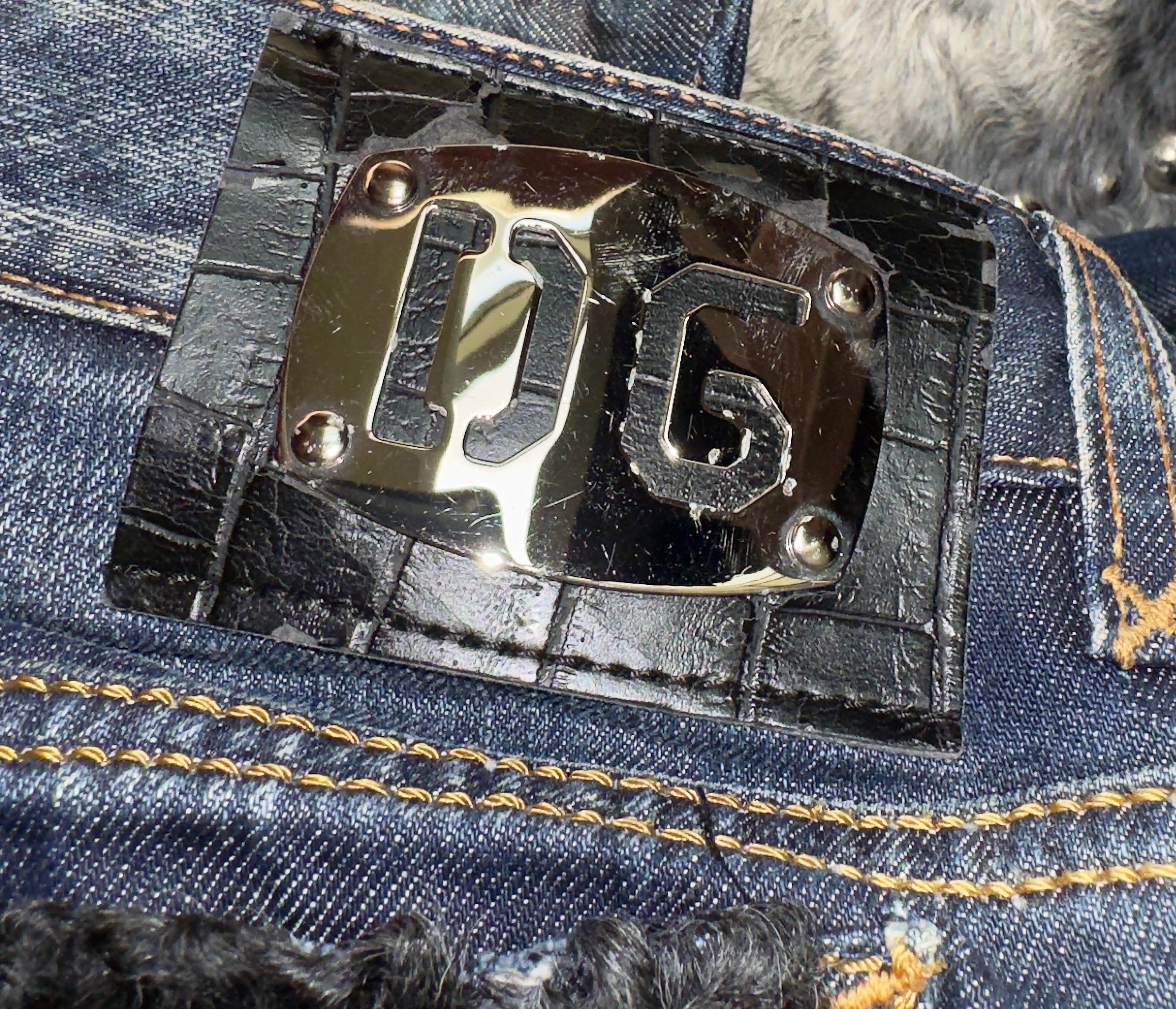 DOLCE & GABBANA Y2K FW 2005 Exotic Skin Fur Trim Denim Jeans Pants & Belt Set 44 Pour femmes en vente