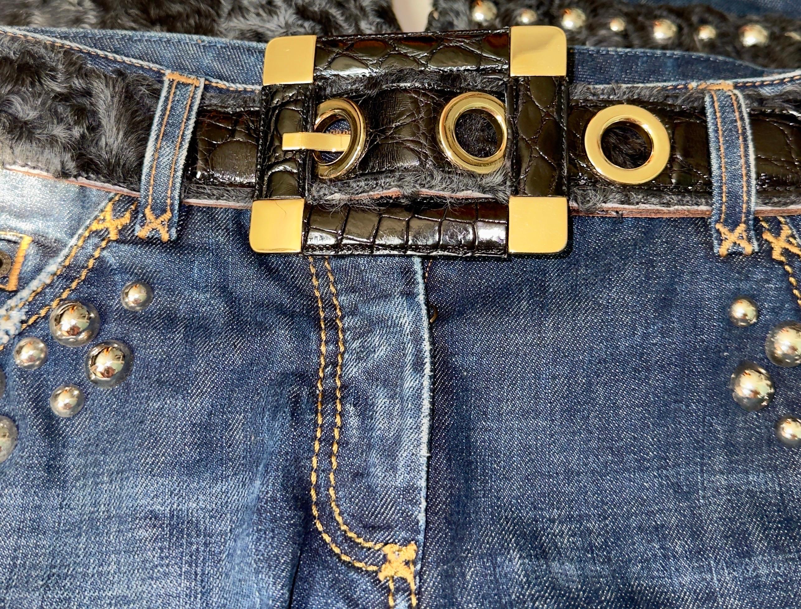 DOLCE & GABBANA Y2K FW 2005 Exotic Skin Fur Trim Denim Jeans Pants & Belt Set 44 en vente 2