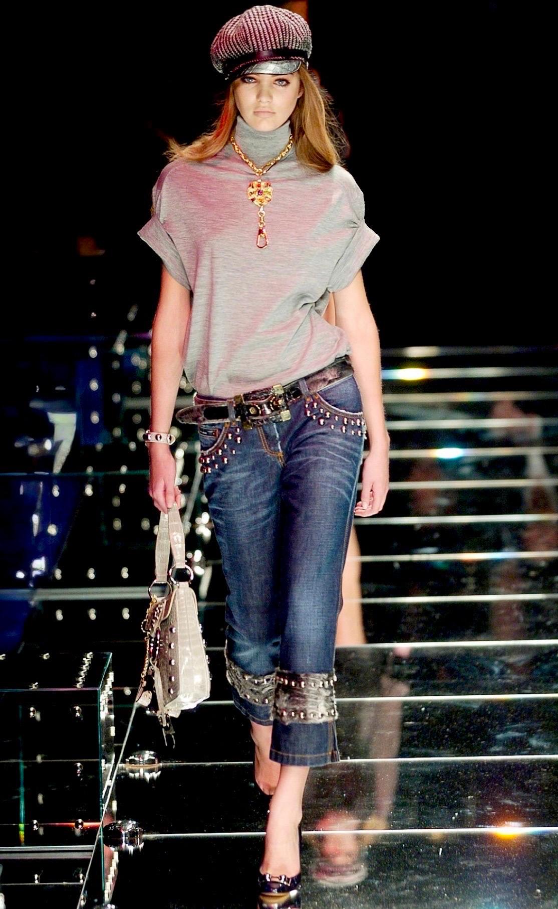 DOLCE & GABBANA Y2K FW 2005 Exotic Skin Fur Trim Denim Jeans Pants & Belt Set 44 en vente 4
