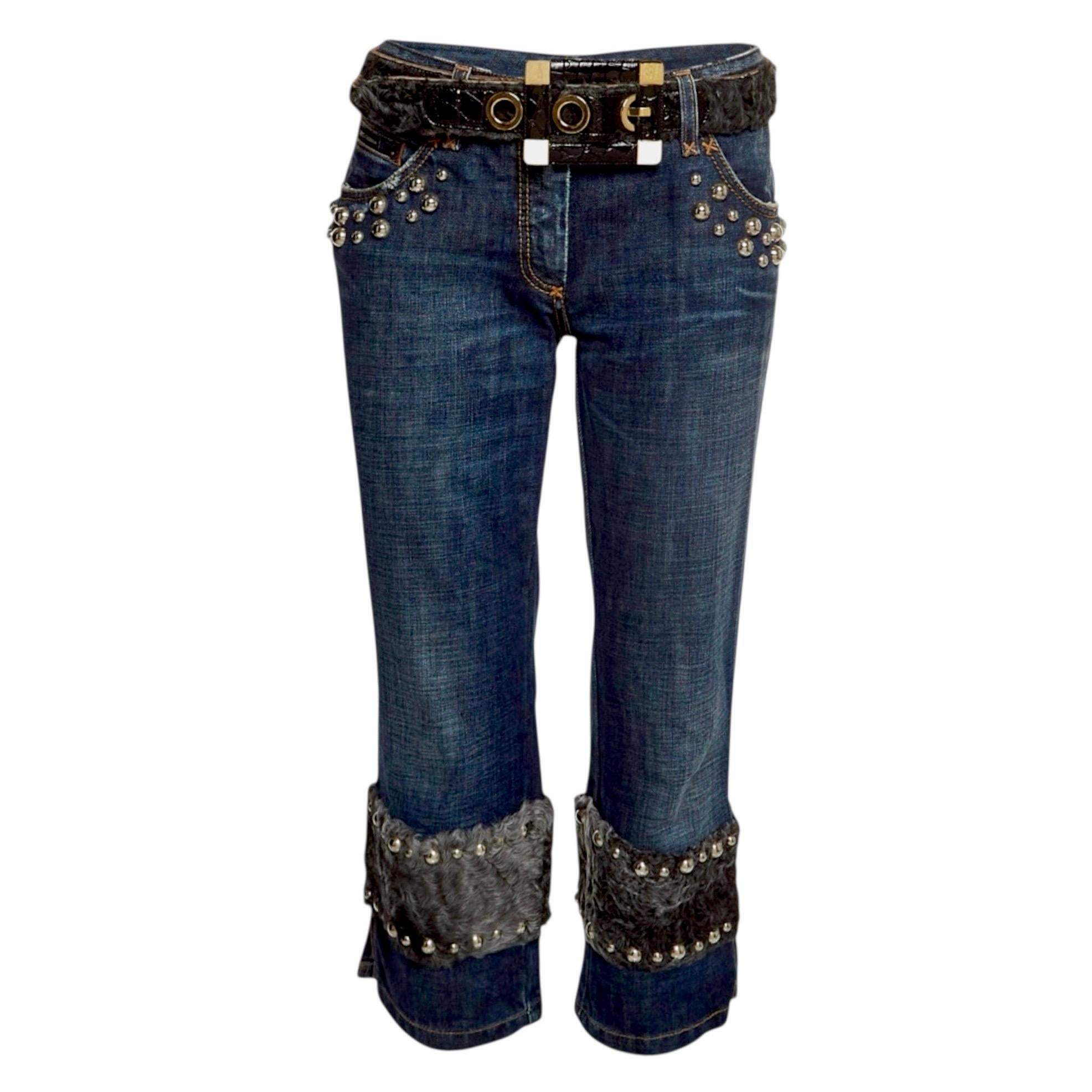DOLCE & GABBANA Y2K FW 2005 Exotic Skin Fur Trim Denim Jeans Pants & Belt Set 44