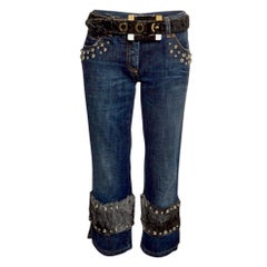 DOLCE & GABBANA Y2K FW 2005 Exotic Skin Fur Trim Denim Jeans Pants & Belt Set 44