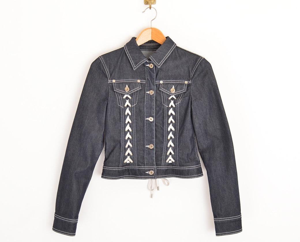 Dolce & Gabbana Y2K Lace Up Dark Denim Two Piece Jacket & Crop Pants Suit 6