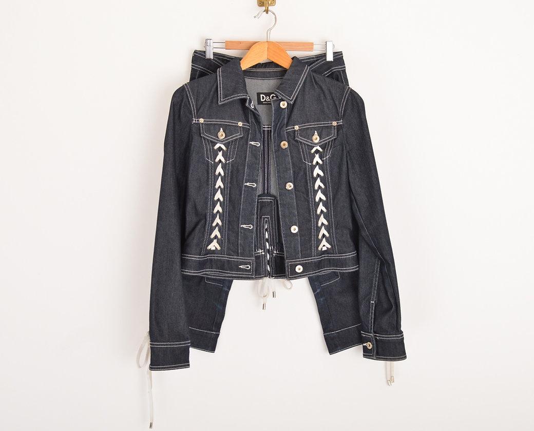 Dolce & Gabbana Y2K Lace Up Dark Denim Two Piece Jacket & Crop Pants Suit 7