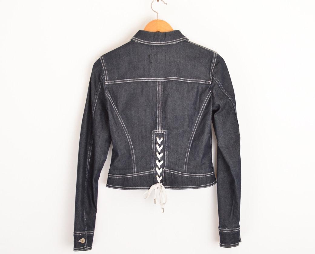 Dolce & Gabbana Y2K Lace Up Dark Denim Two Piece Jacket & Crop Pants Suit For Sale 10