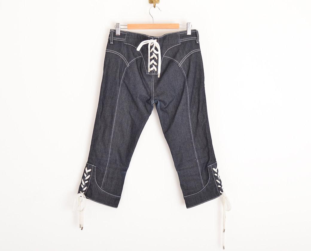 Dolce & Gabbana Y2K Lace Up Dark Denim Two Piece Jacket & Crop Pants Suit In Excellent Condition In Sheffield, GB
