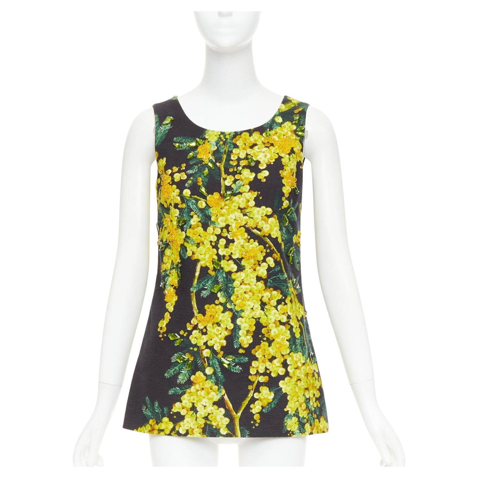 DOLCE GABBANA yellow black beaded mimosa acacia print floral tunic IT38 XS