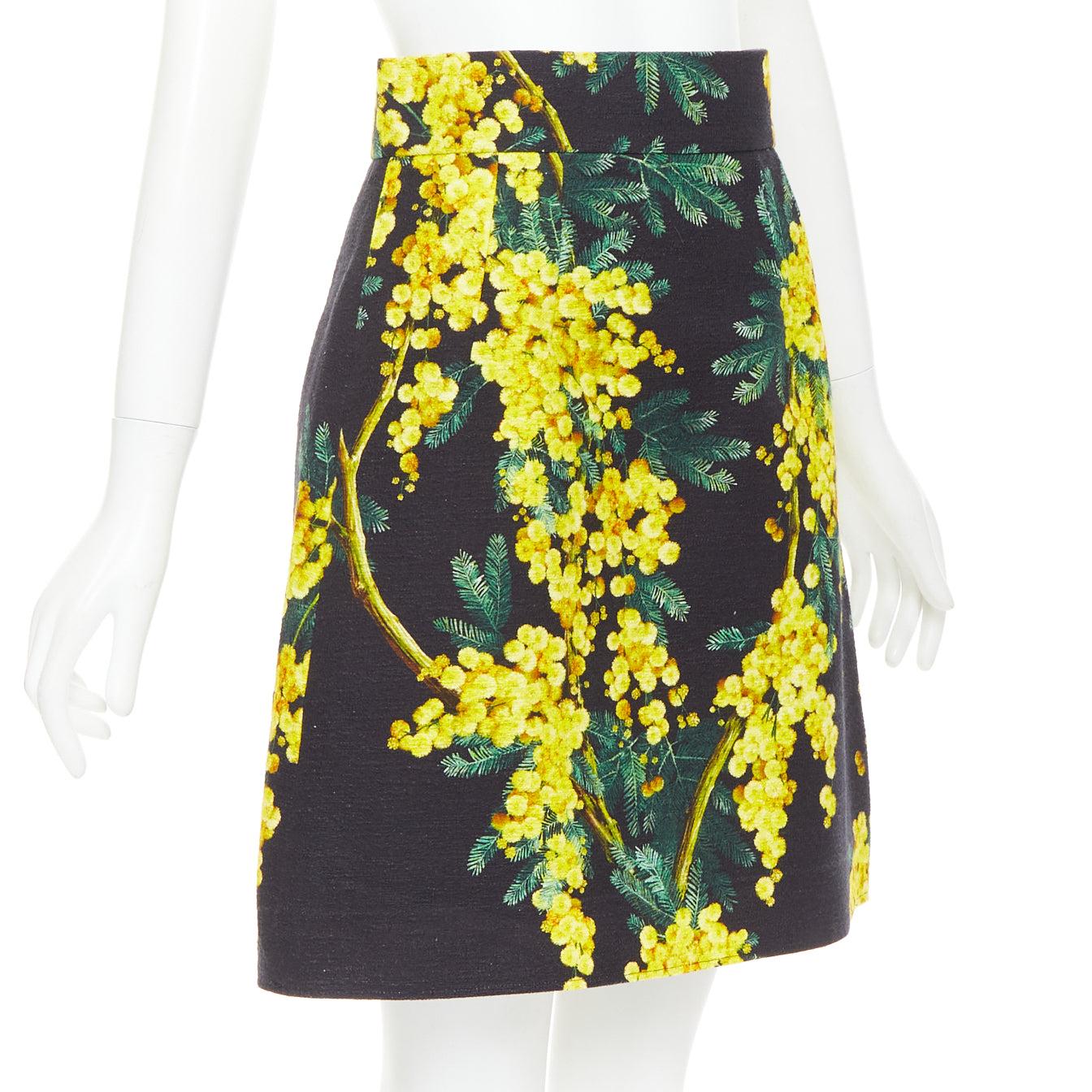 DOLCE GABBANA yellow black cotton floral print textured A-line skirt IT40 S Negro en venta