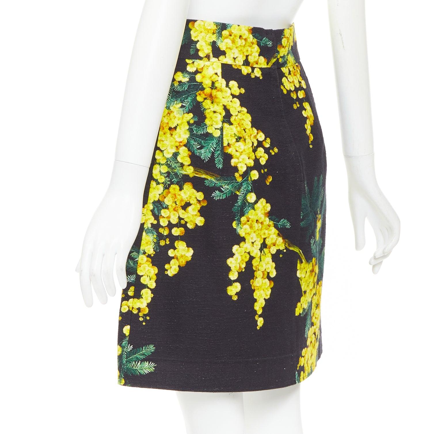 DOLCE GABBANA yellow black cotton floral print textured A-line skirt IT40 S en venta 1