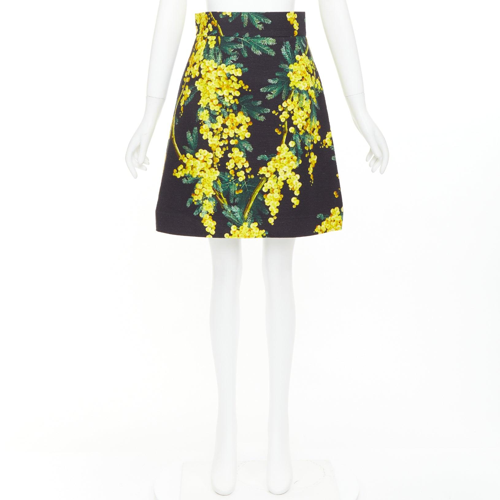 DOLCE GABBANA yellow black cotton floral print textured A-line skirt IT40 S en venta 4