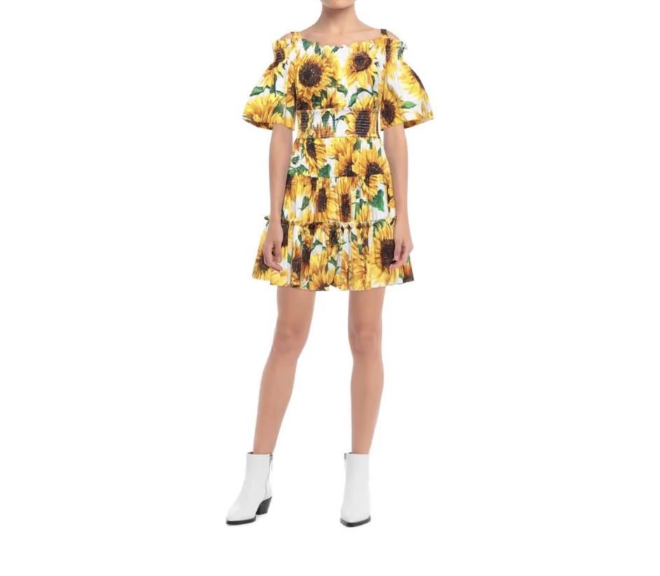 Beige Dolce & Gabbana Yellow Cotton Sunflower Floral Mid-length Dress Flowers Poplin