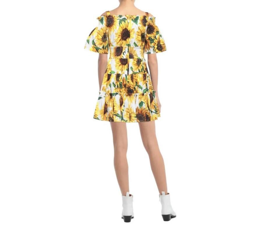 Beige Dolce & Gabbana Yellow Cotton Sunflower Floral Mid-length Dress Flowers Poplin