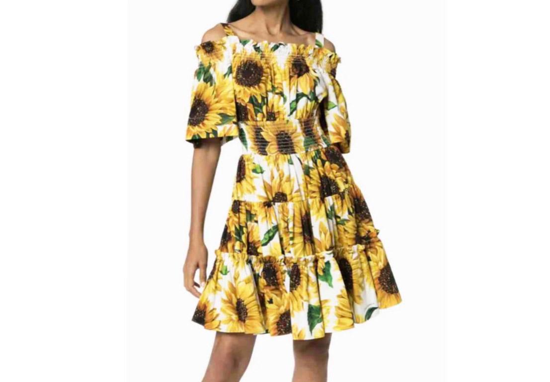 Women's Dolce & Gabbana Yellow Cotton Sunflower Floral Mid-length Dress Flowers Poplin