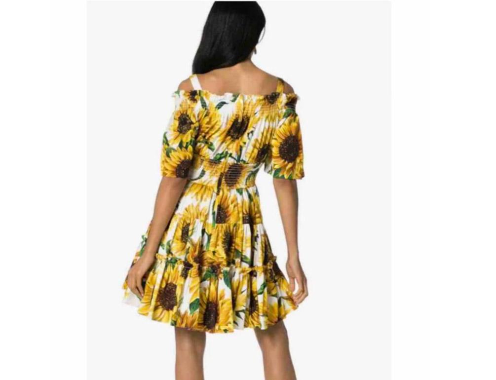 Women's Dolce & Gabbana Yellow Cotton Sunflower Floral Mid-length Dress Flowers Poplin