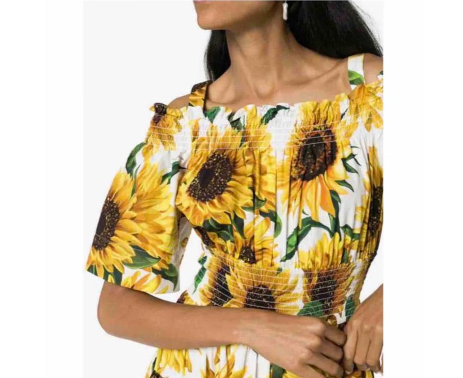 Dolce & Gabbana Yellow Cotton Sunflower Floral Mid-length Dress Flowers Poplin 1