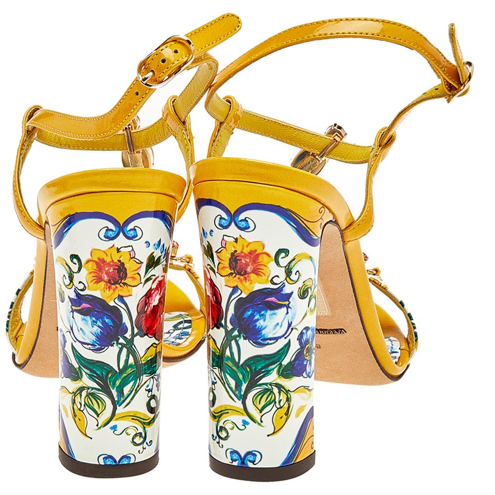 Orange Dolce & Gabbana Yellow/Cream Floral Print Patent Leather Sandals Size 38