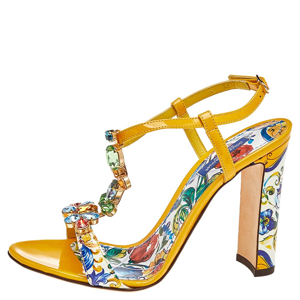 Women's Dolce & Gabbana Yellow/Cream Floral Print Patent Leather Sandals Size 38