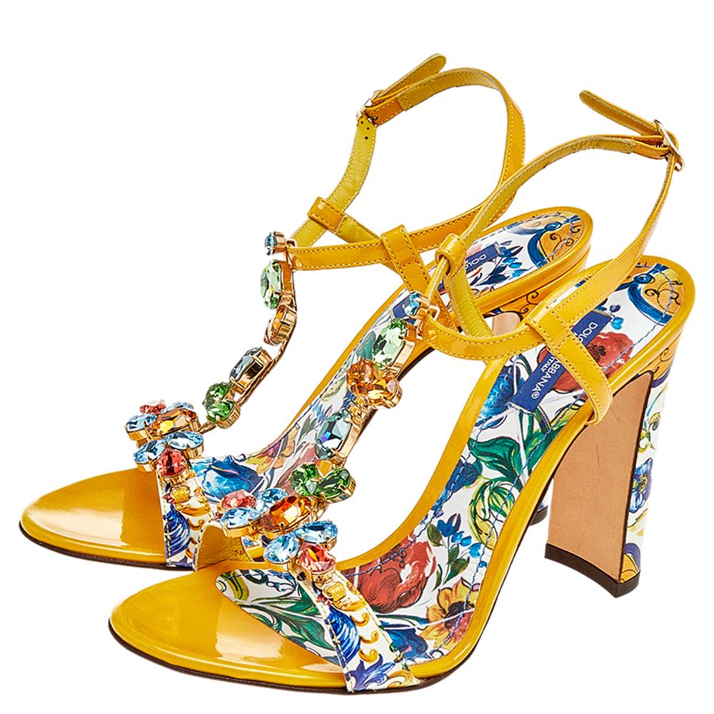 Dolce & Gabbana Yellow/Cream Floral Print Patent Leather Sandals Size 38 2