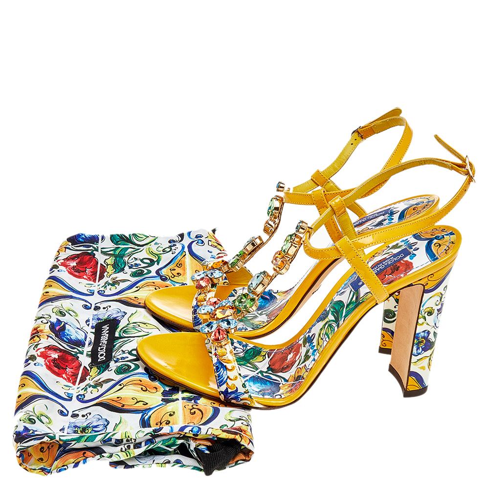 Dolce & Gabbana Yellow/Cream Floral Print Patent Leather Sandals Size 38 3
