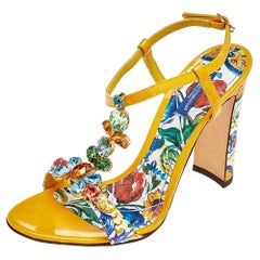 Dolce & Gabbana Yellow/Cream Floral Print Patent Leather Sandals Size 38