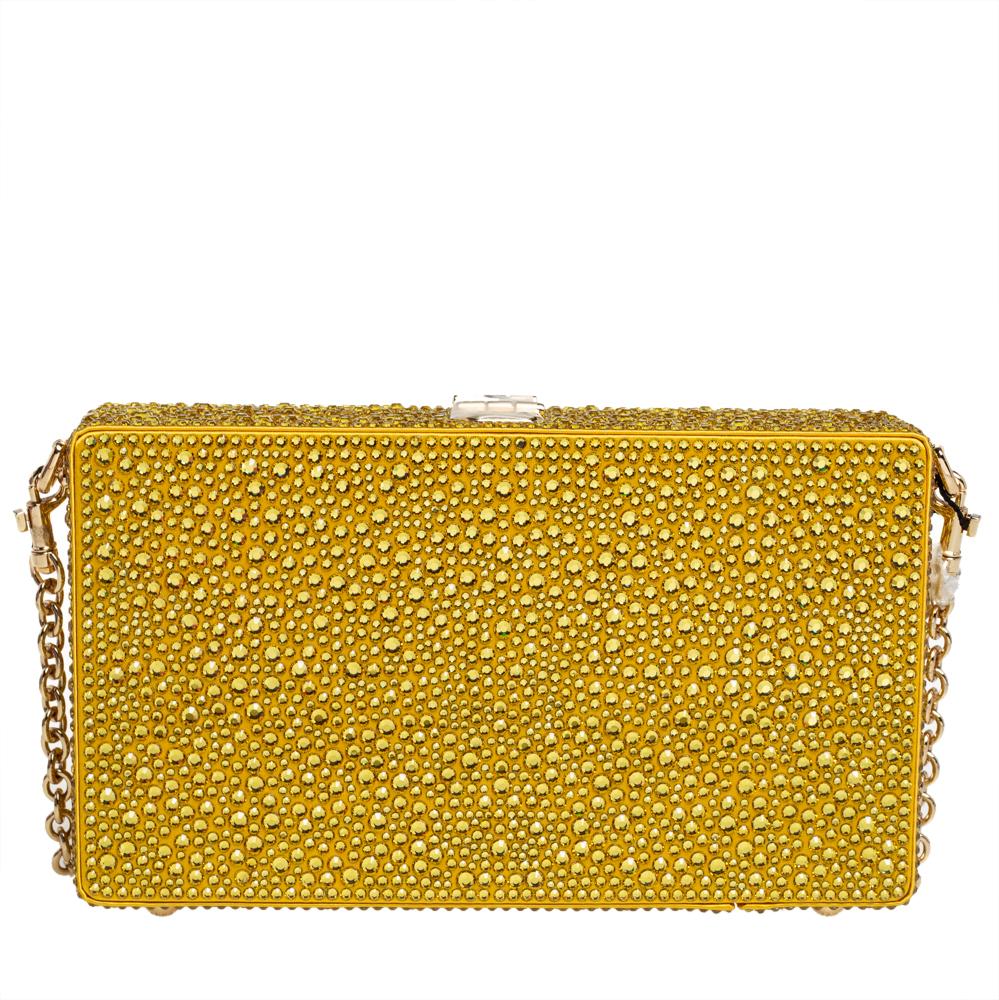 Dolce & Gabbana Yellow Crystal Embellished Satin Dolce Box Bag In New Condition In Dubai, Al Qouz 2