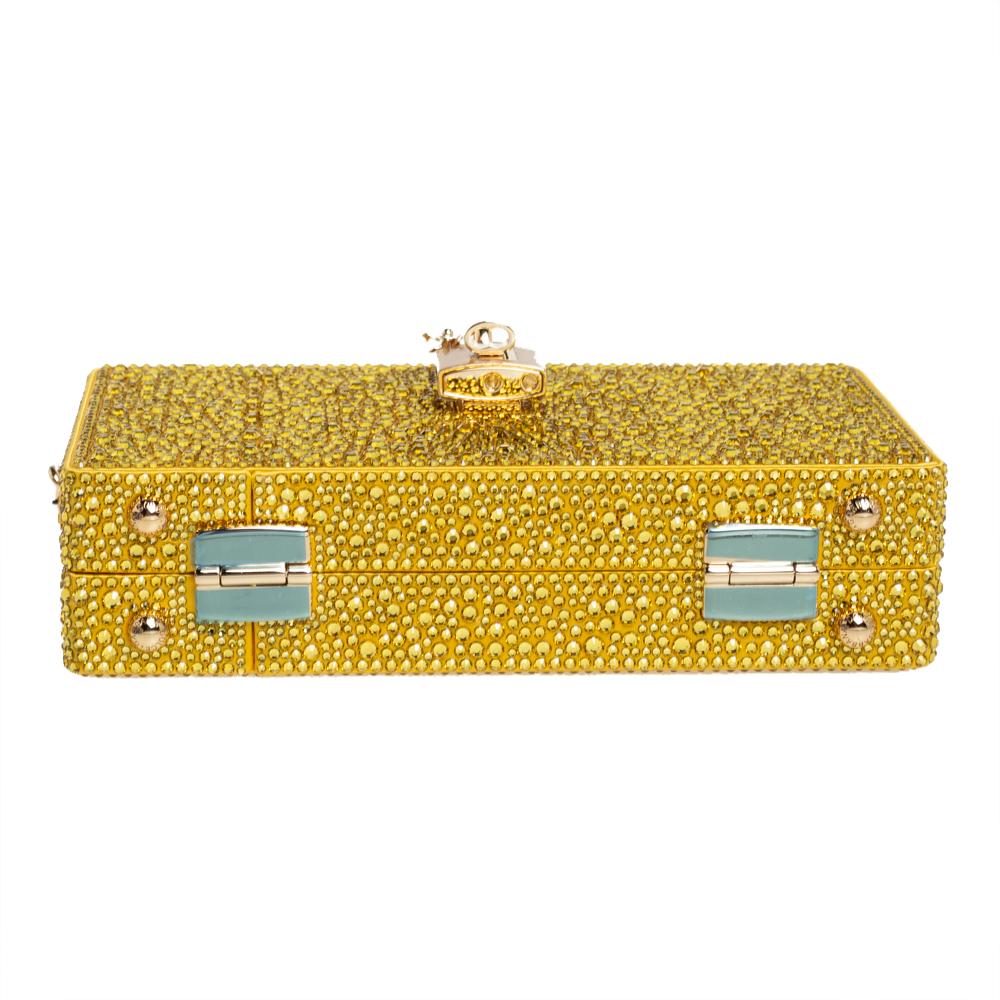 Dolce & Gabbana Yellow Crystal Embellished Satin Dolce Box Bag In New Condition In Dubai, Al Qouz 2