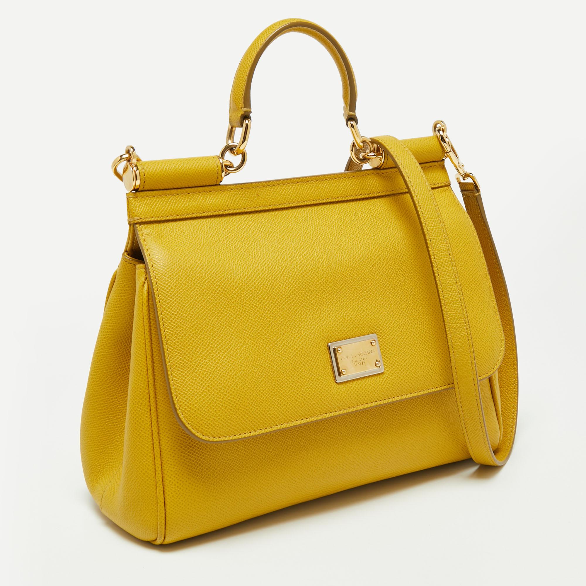Dolce & Gabbana Yellow Dauphine Leather Medium Miss Sicily Top Handle Bag 1