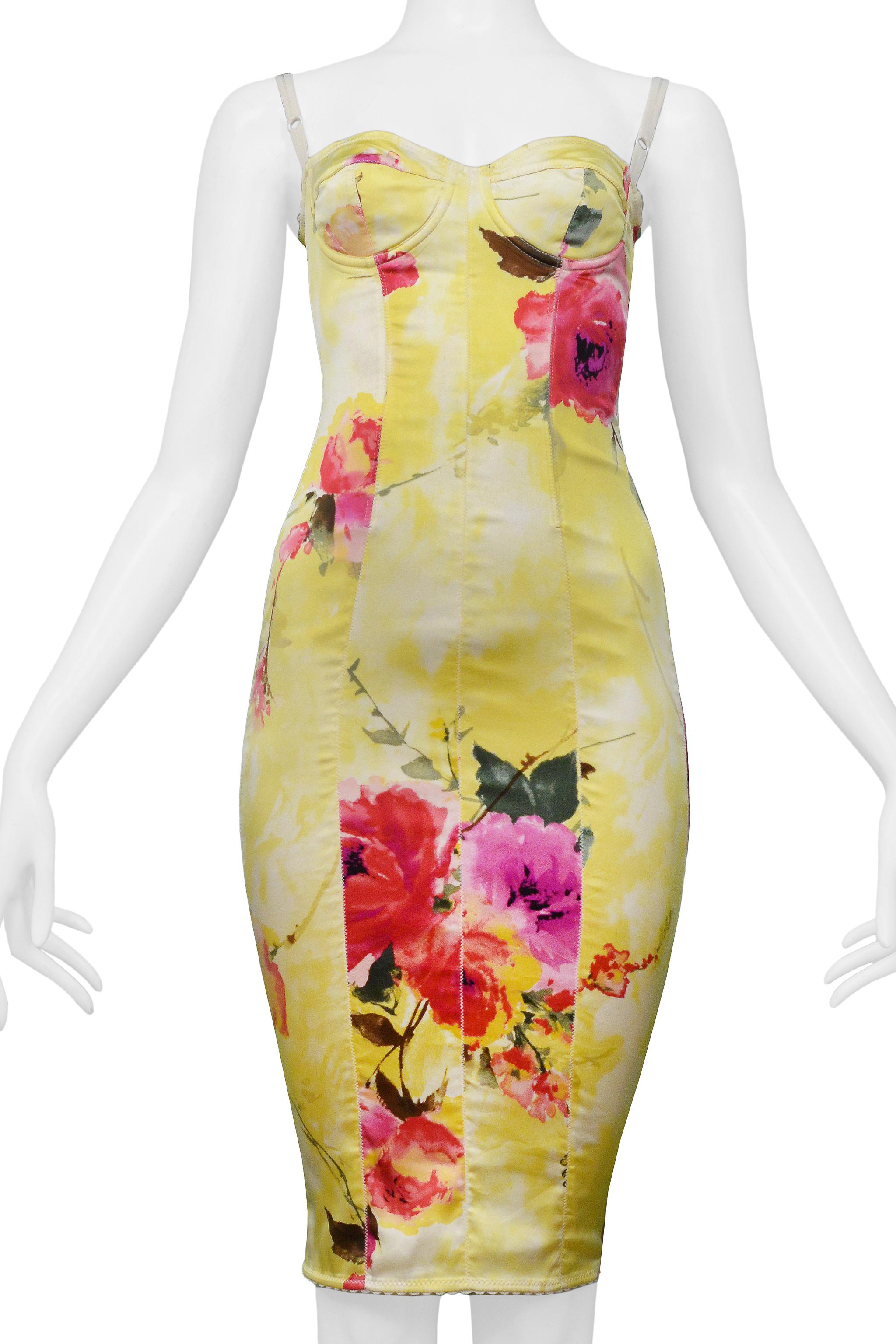 Dolce and Gabbana Yellow Floral Body-Con Dress 1990s For Sale at 1stDibs