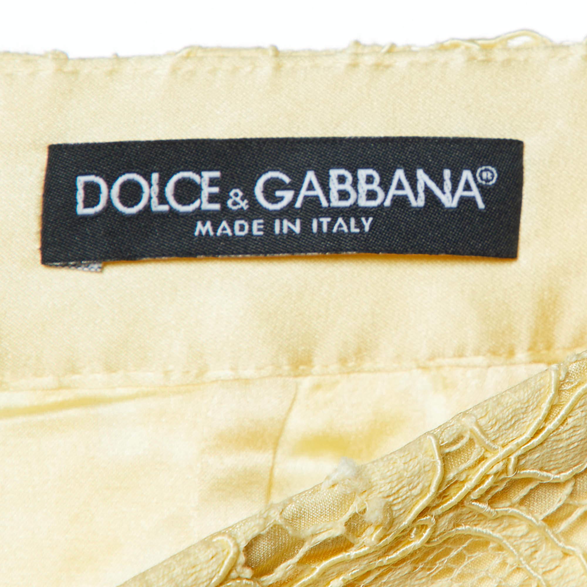 Dolce & Gabbana Yellow Floral Lace Knee Length Skirt M 1