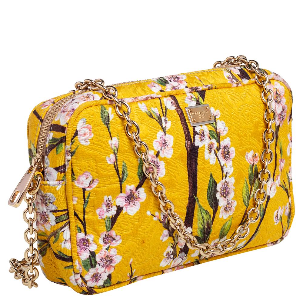 Dolce & Gabbana Yellow Floral Print Fabric Miss Glam Crossbody Bag In Good Condition In Dubai, Al Qouz 2