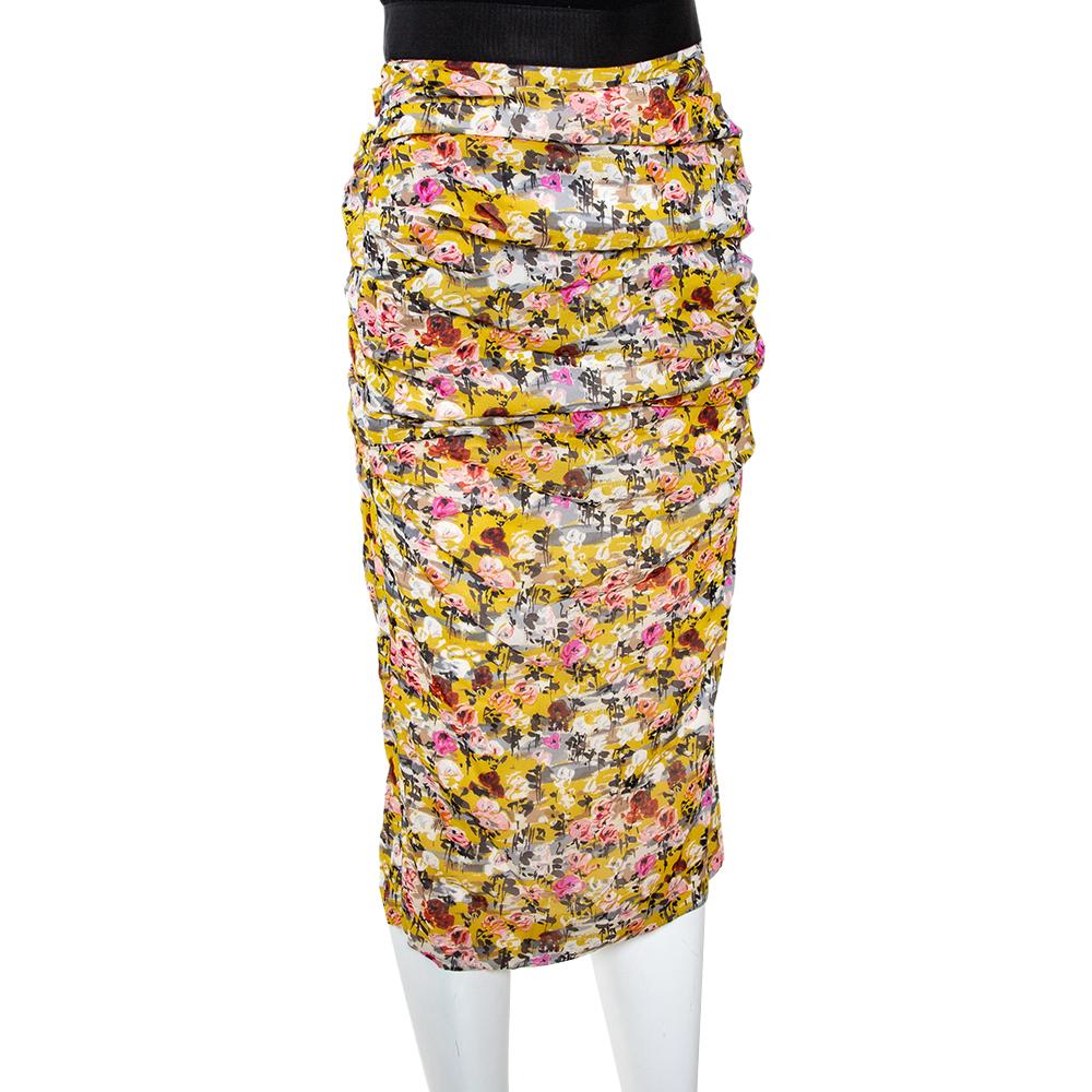 Beige Dolce & Gabbana Yellow Floral Print Stretch Silk Ruched Skirt M