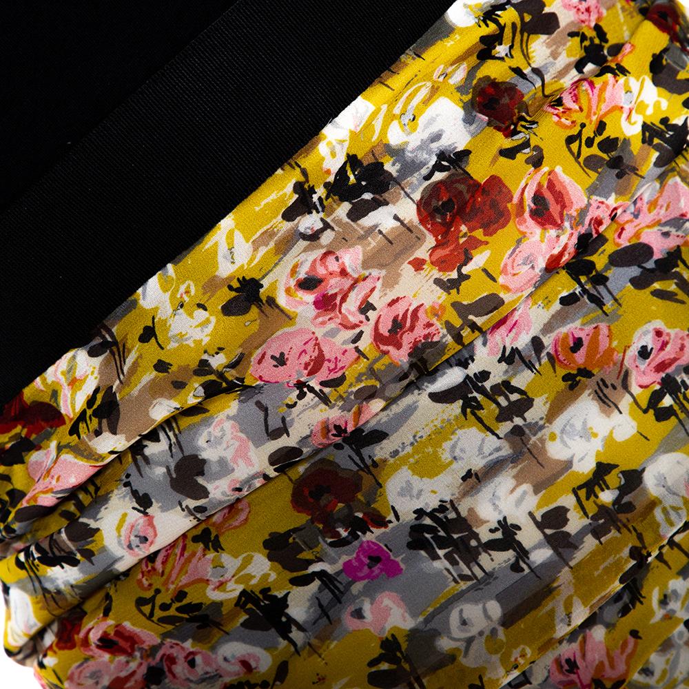 Women's Dolce & Gabbana Yellow Floral Print Stretch Silk Ruched Skirt M