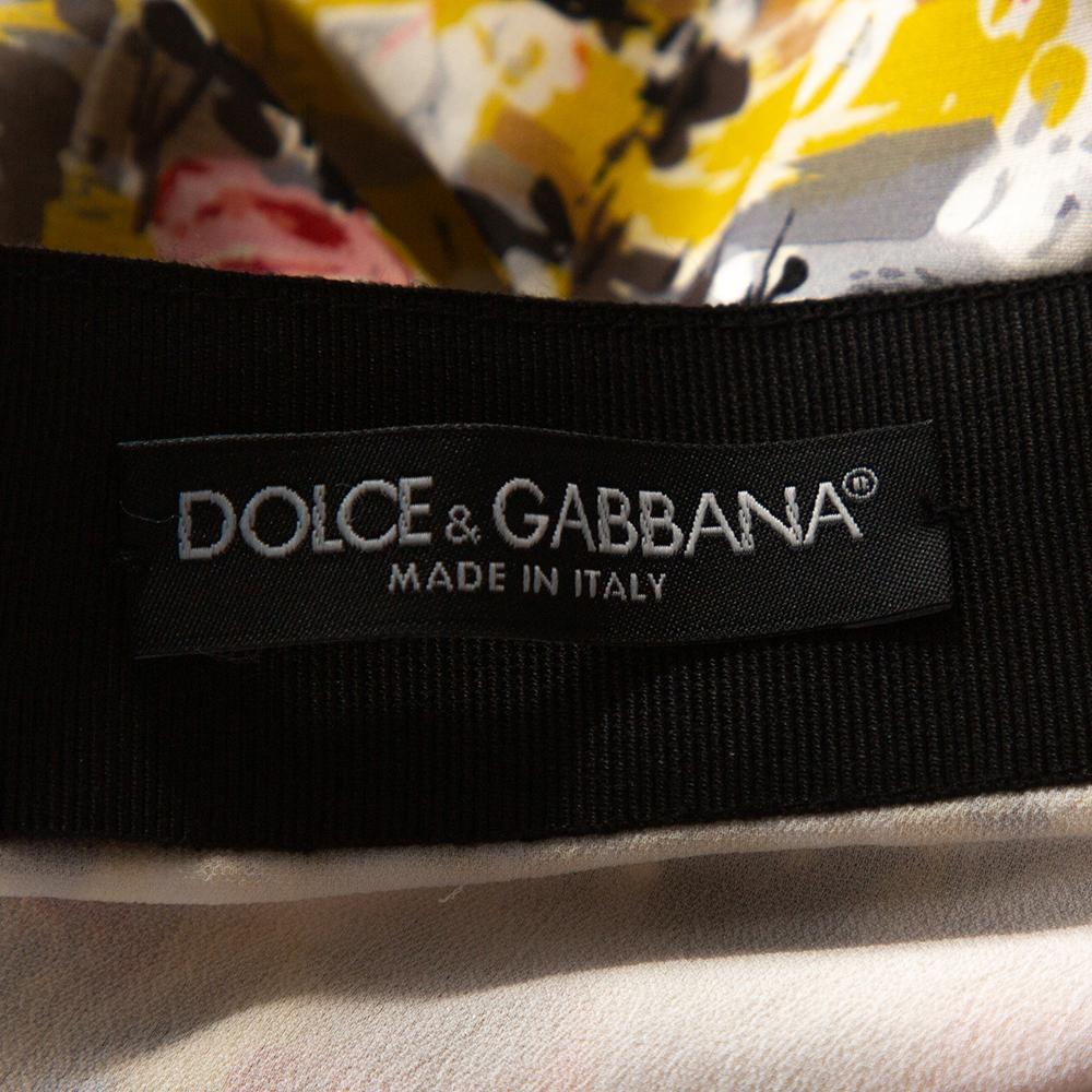 Dolce & Gabbana Yellow Floral Print Stretch Silk Ruched Skirt M 1
