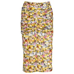 Dolce & Gabbana Yellow Floral Print Stretch Silk Ruched Skirt M