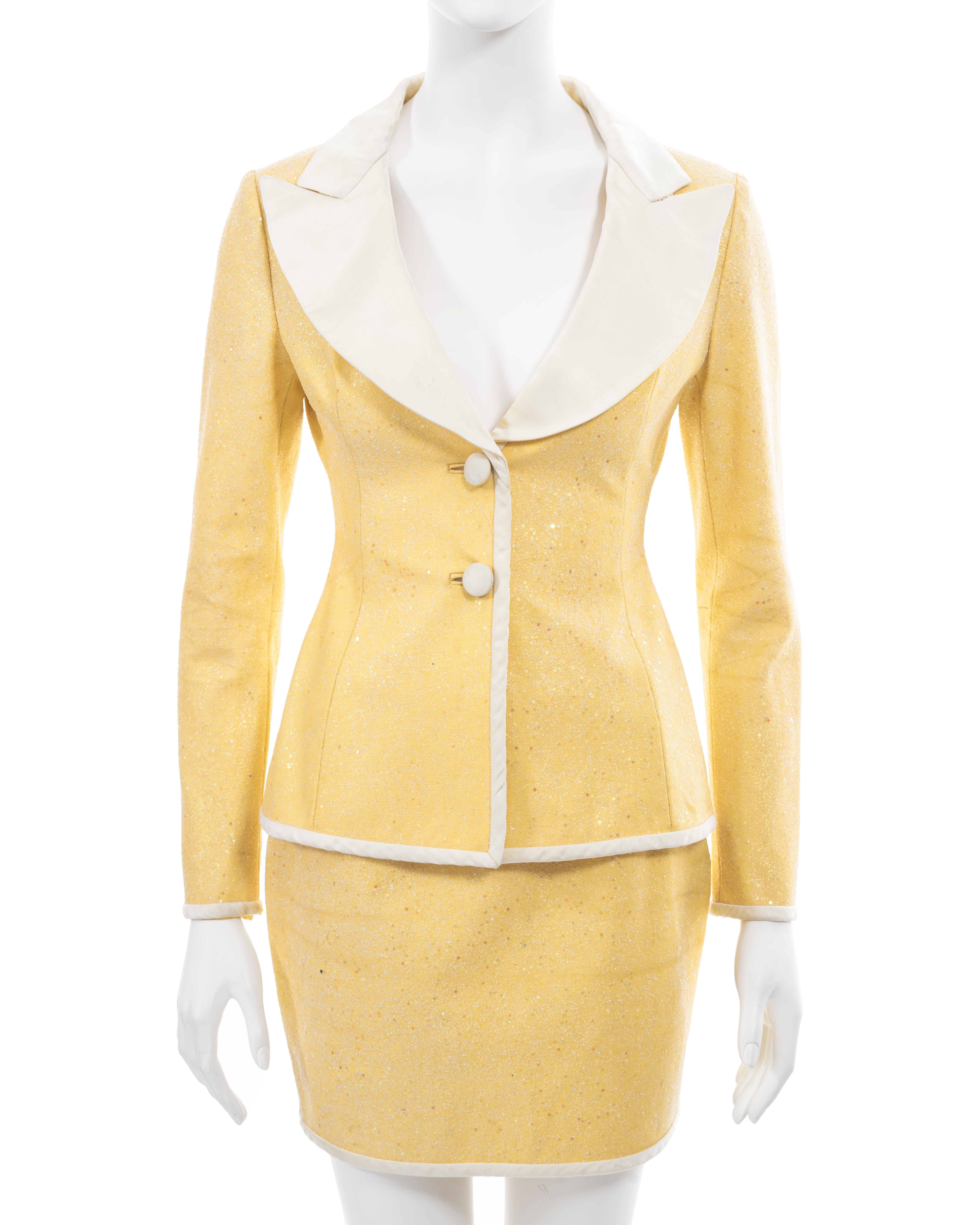 Women's Dolce & Gabbana yellow glitter mini skirt suit, ss 1995  For Sale