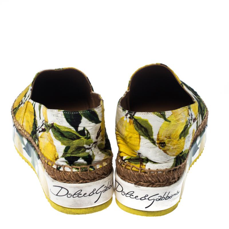 Brown Dolce & Gabbana Yellow/Green Lemon Print  Platform Espadrille Flats Size 38