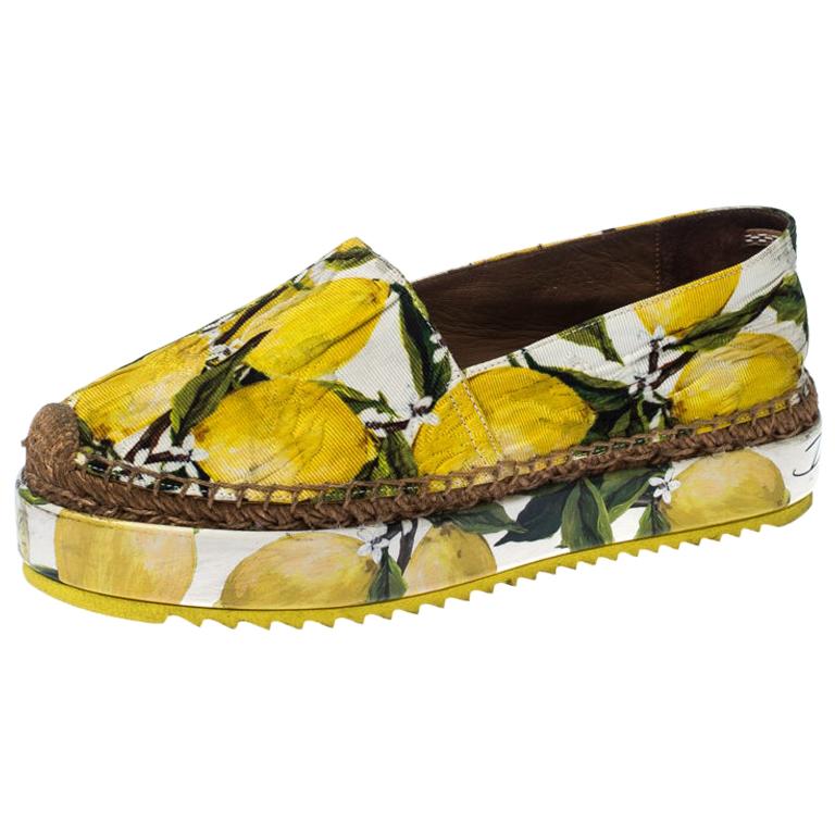 Dolce and Gabbana Yellow/Green Lemon Print Platform Espadrille Flats Size  38 at 1stDibs | dolce gabbana flats, black flat embellished sandals,  platform espadrilles
