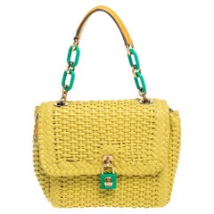 Dolce & Gabbana Yellow/Green Woven Leather Padlock Top Handle Bag