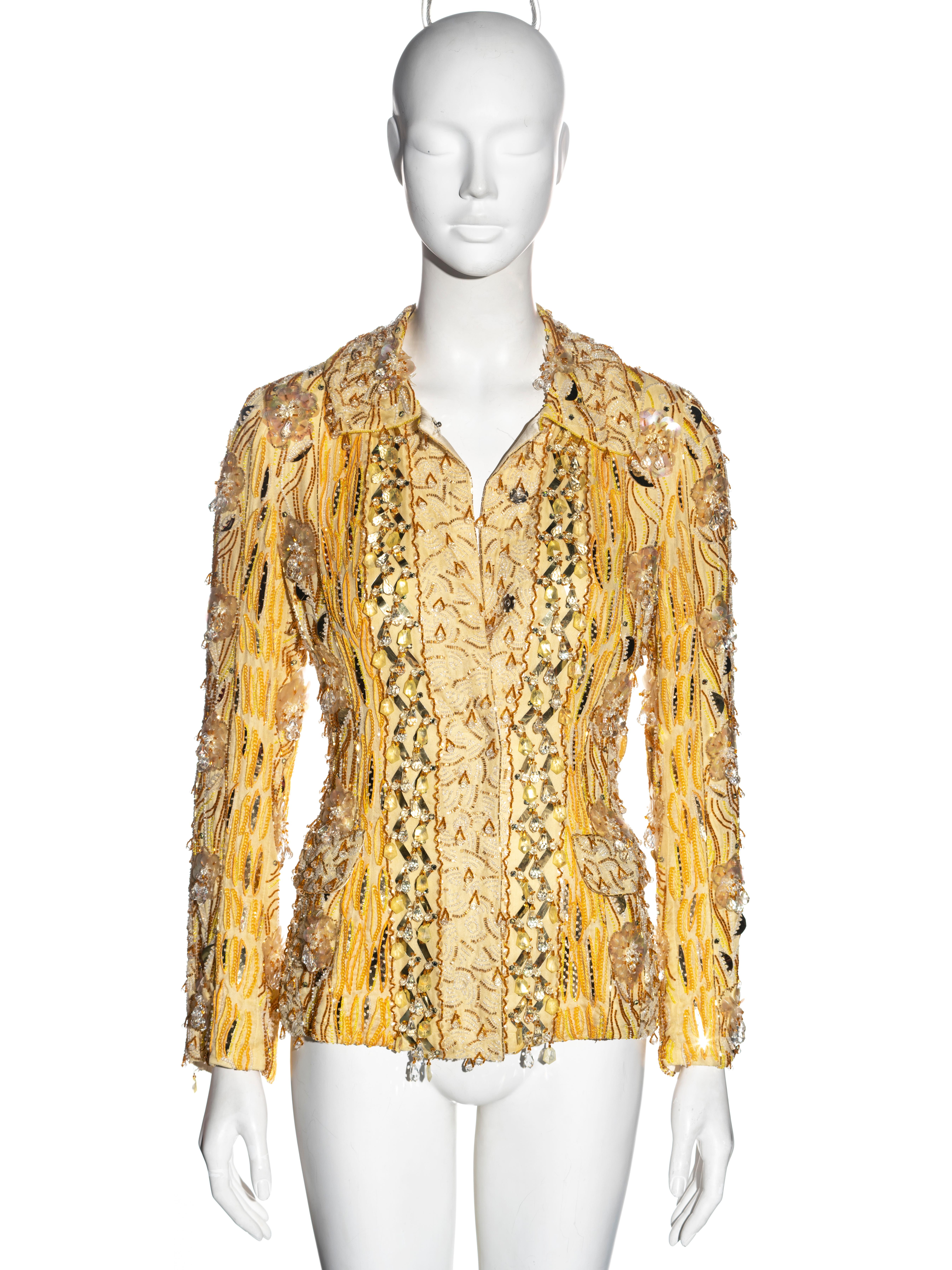 ▪ Dolce & Gabbana yellow primrose silk evening jacket 
▪ Heavily embellished with crystals, sequins, beads and pendants
▪ Snap button closures 
▪ Two front flap pockets 
▪ Labelled by the brand as a 'Special Piece'
▪ IT 42 - FR 38 - UK 10 - US 6
▪
