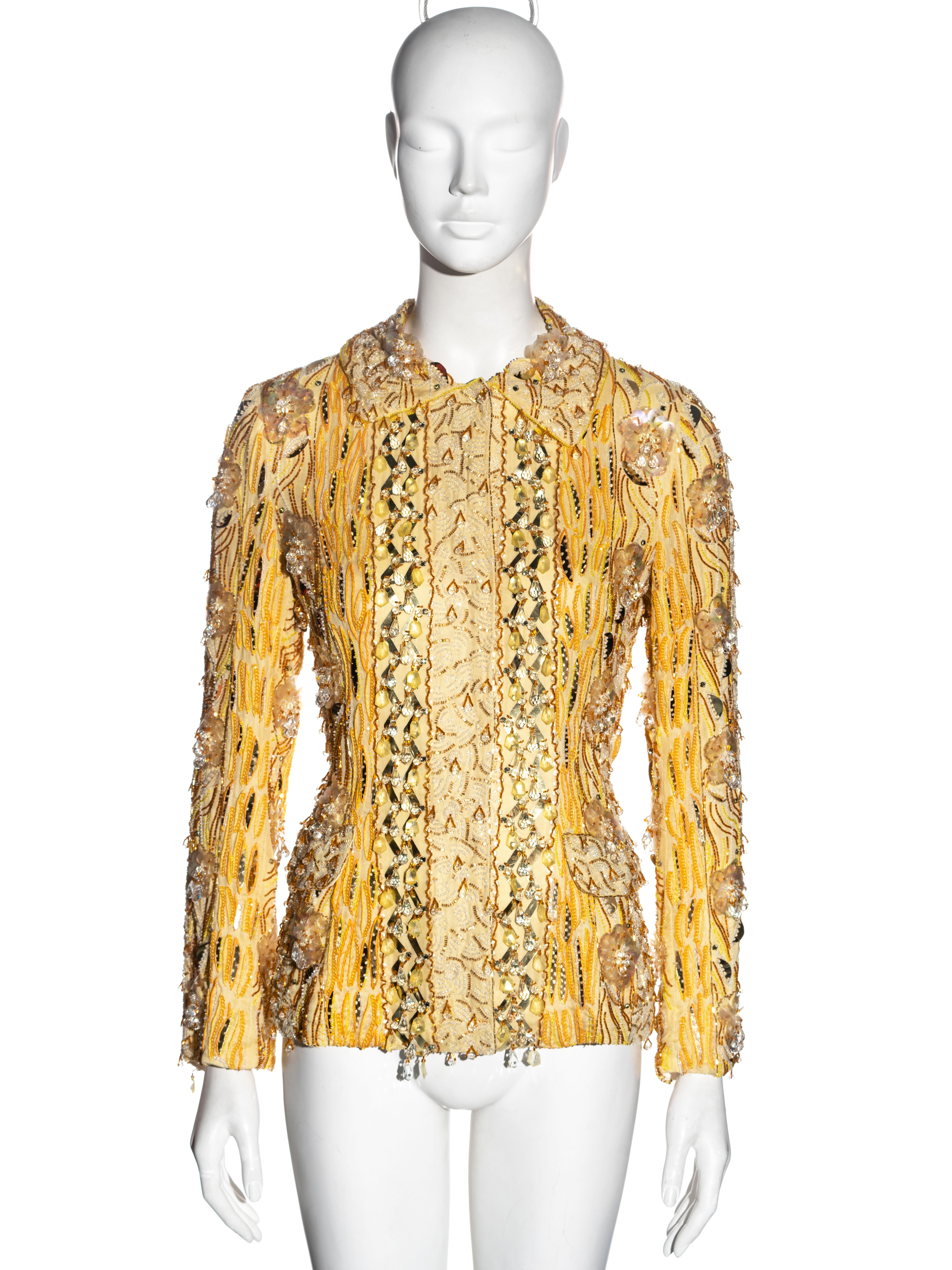 Beige Dolce & Gabbana yellow heavily embellished silk evening jacket, ss 2004