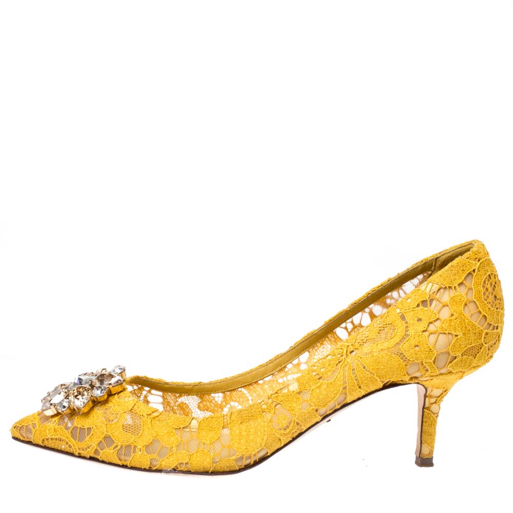 Dolce & Gabbana Yellow Lace Bellucci Crystal Pointed Toe Pumps Size 40 1