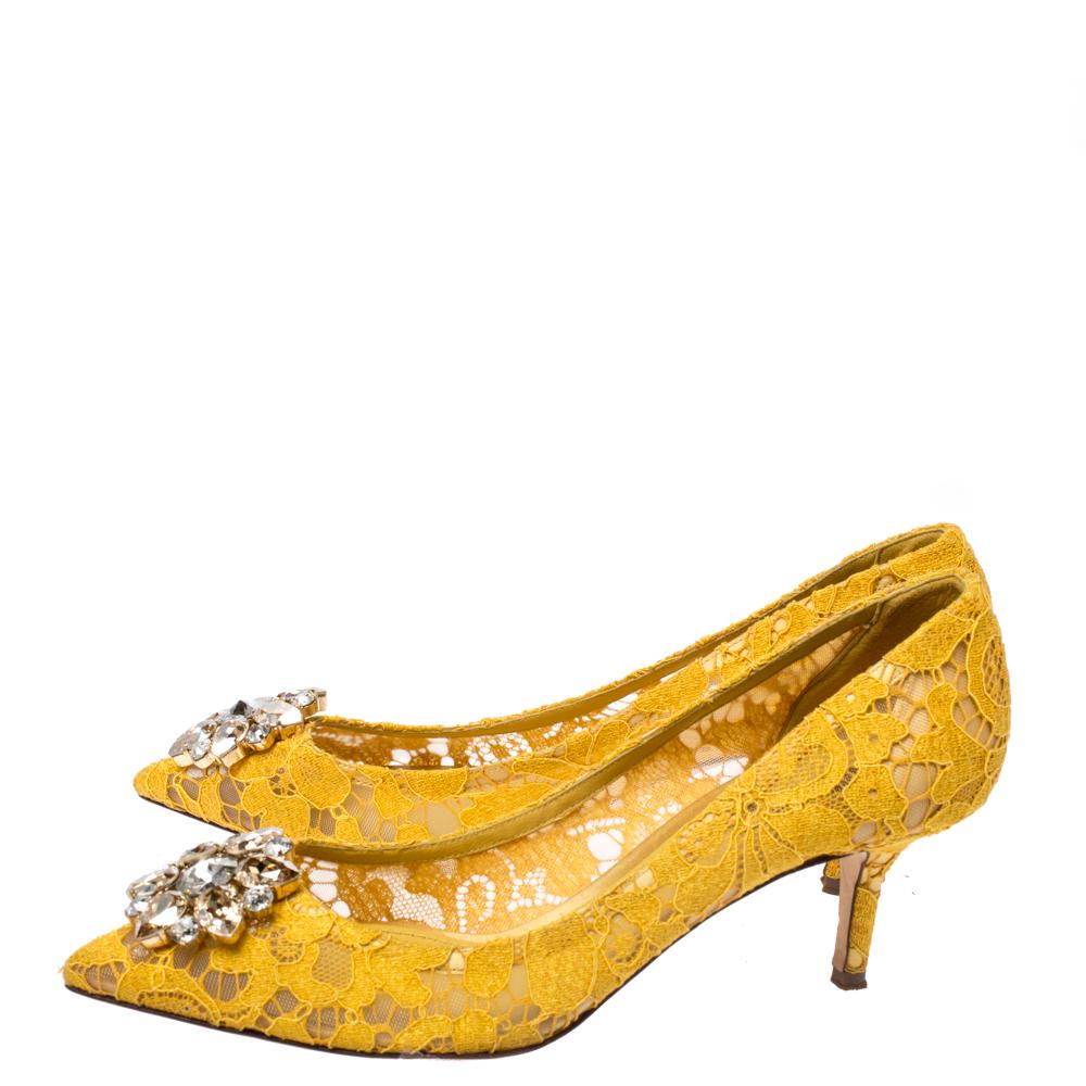 Dolce & Gabbana Yellow Lace Bellucci Crystal Pointed Toe Pumps Size 40 2