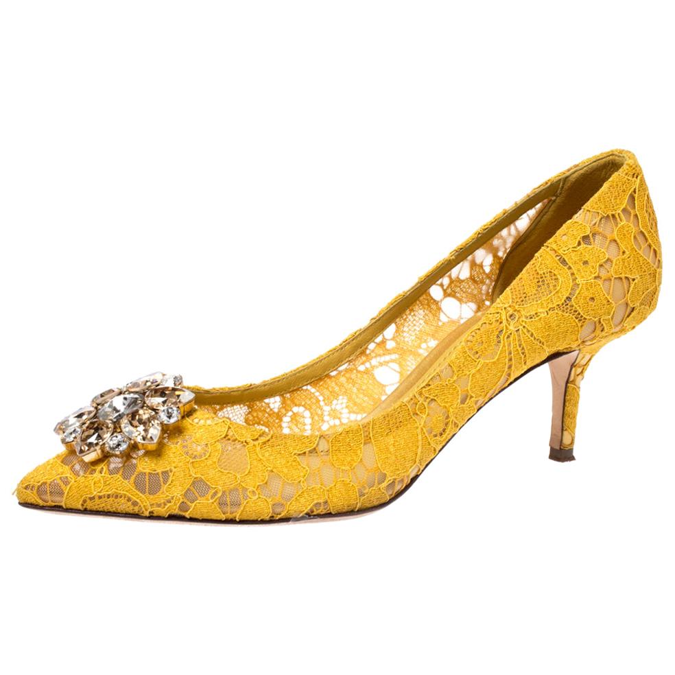 Dolce & Gabbana Yellow Lace Bellucci Crystal Pointed Toe Pumps Size 40