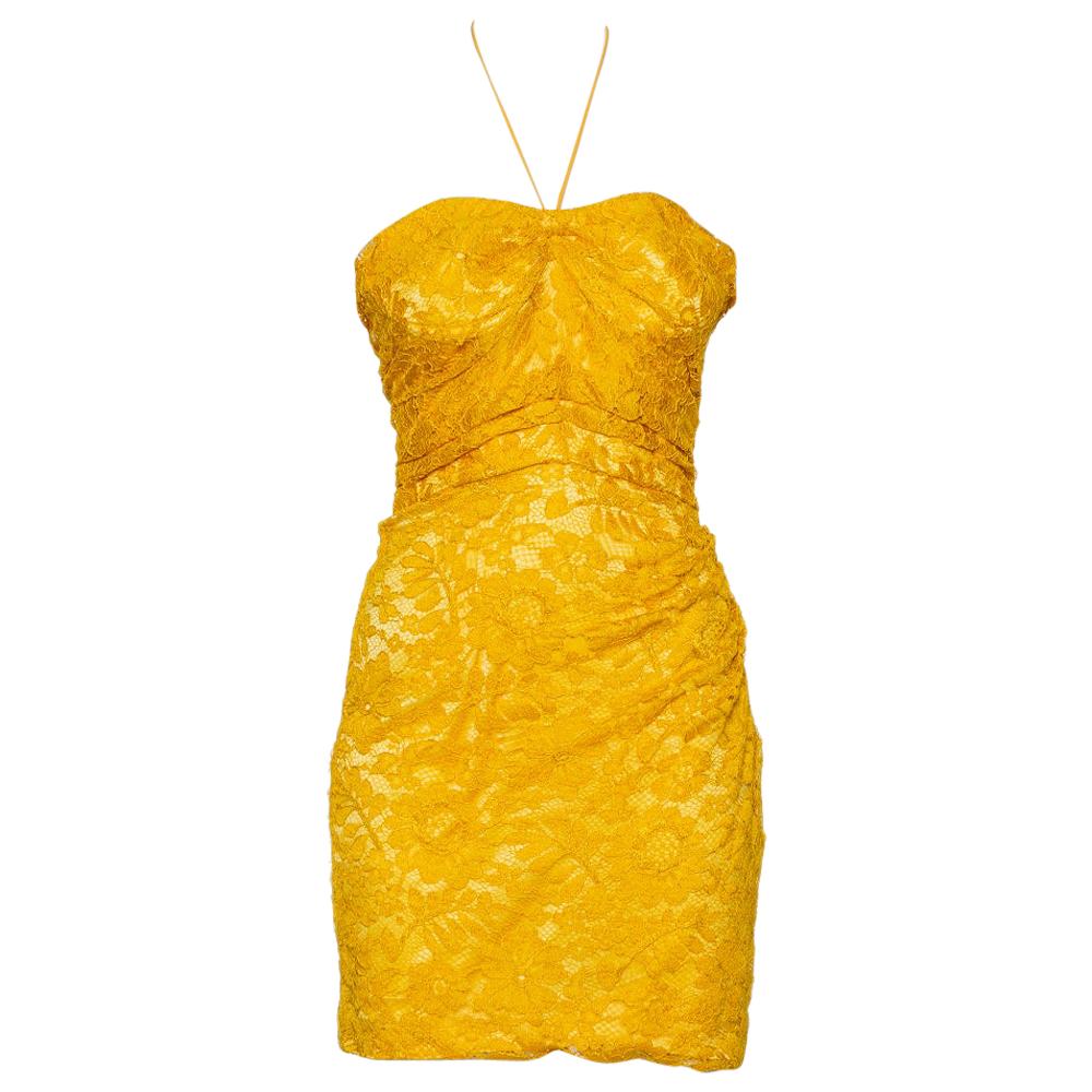 Dolce & Gabbana Yellow Lace Draped Strapless Mini Dress S