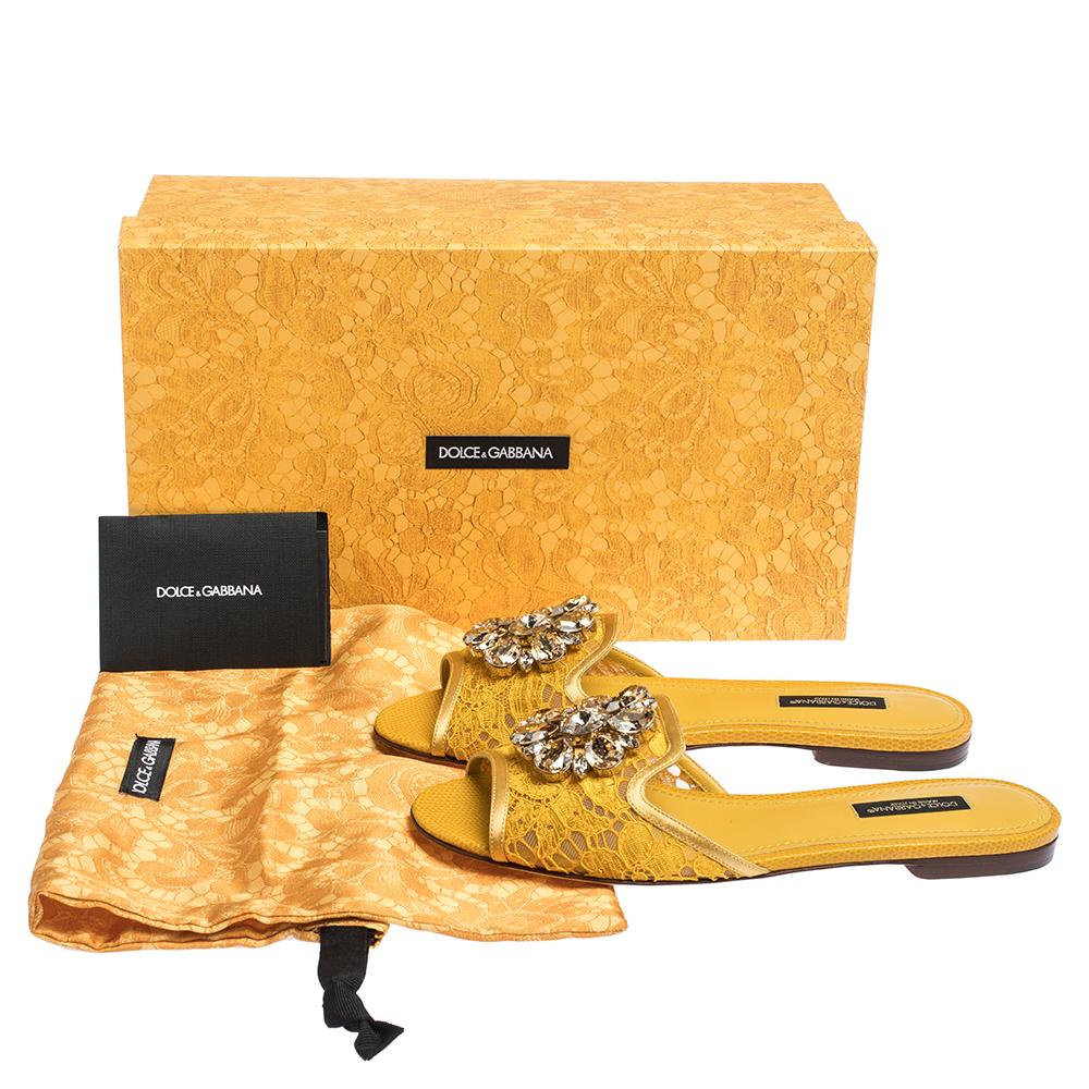 Women's Dolce & Gabbana Yellow Lace Jeweled Embellishment Flat Slides Size 38