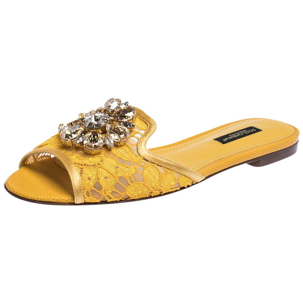 Dolce & Gabbana Yellow Lace Jeweled Embellishment Flat Slides Size 38