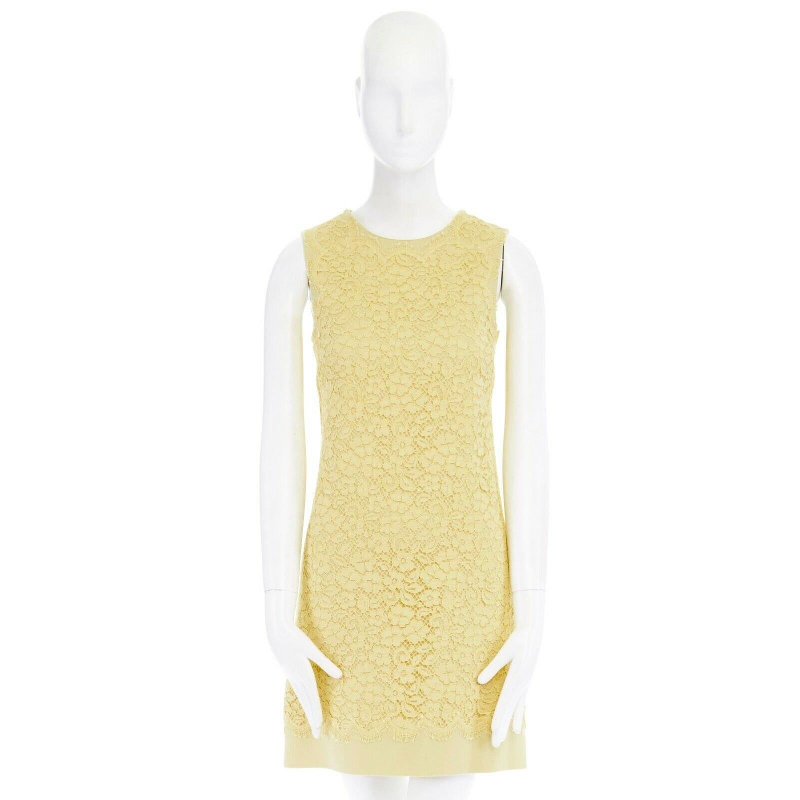 Yellow DOLCE GABBANA yellow lace overlayed wool crepe sleeveless A-line dress IT40 S
