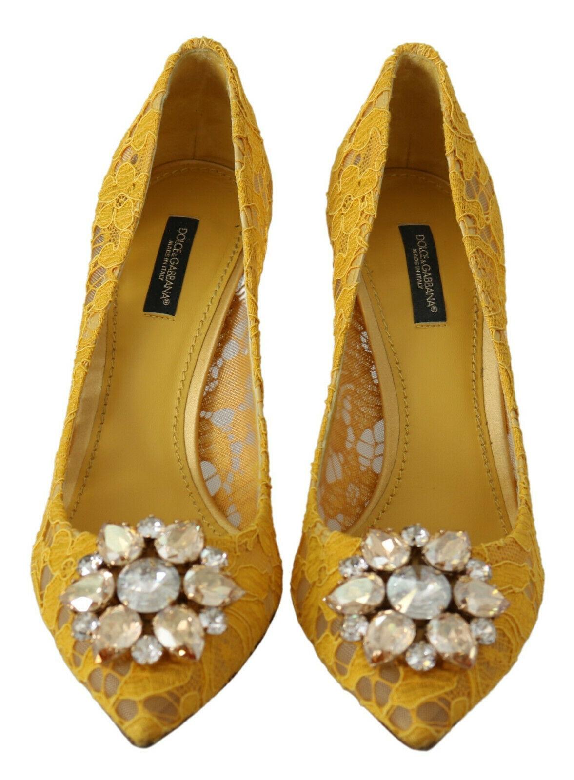 Dolce & Gabbana Yellow Lace Pointy Pumps Heels Shoes Floral Jewel Leather In New Condition In WELWYN, GB