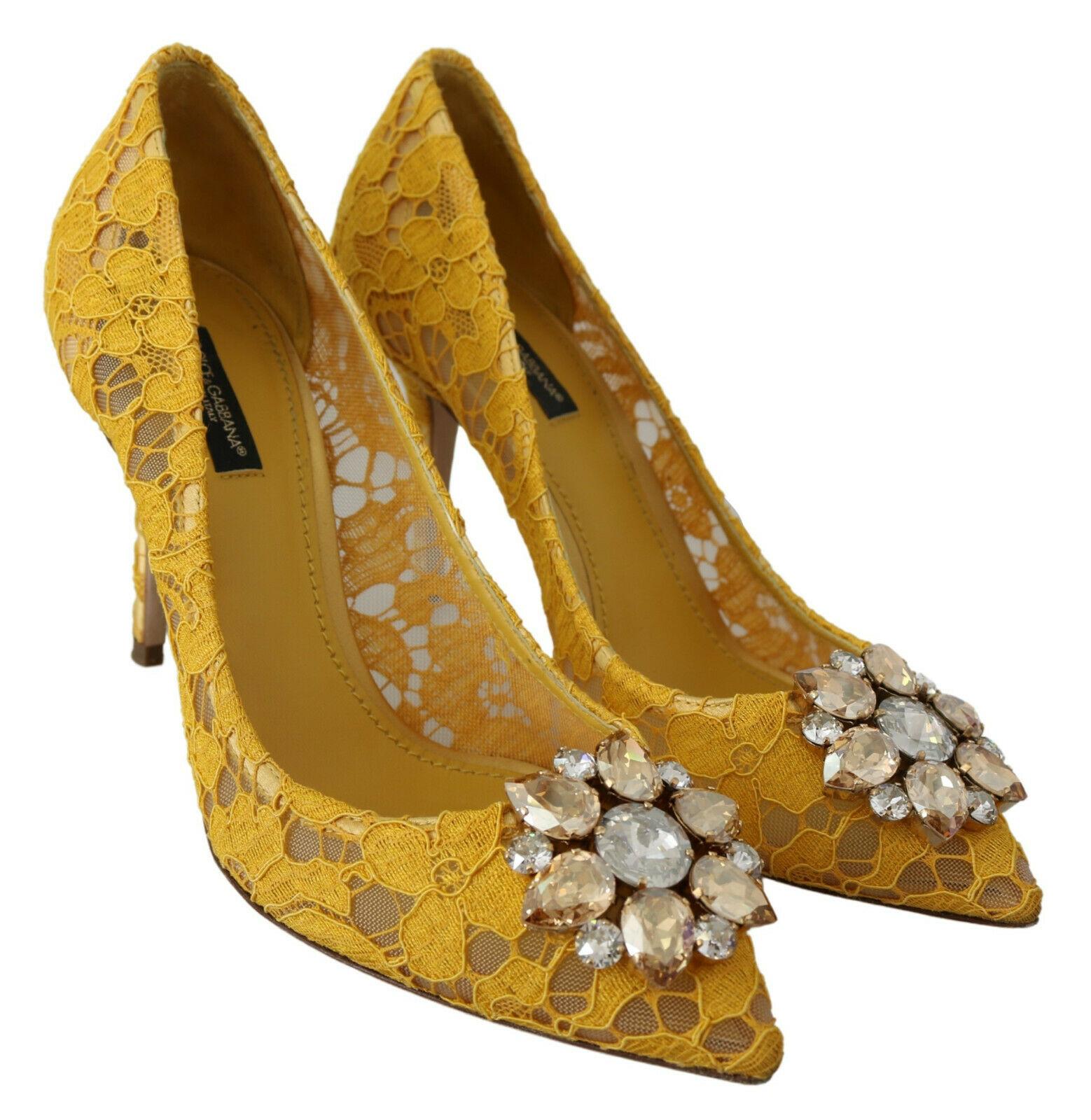 Women's Dolce & Gabbana Yellow Lace Pointy Pumps Heels Shoes Floral Jewel Leather